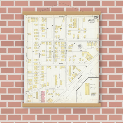 Old map wall art mockup — magnetic wood frame on brick wall — Sanborn Fire Insurance Map from Medford, Middlesex County, Massachusetts (1903), Sheet #0028