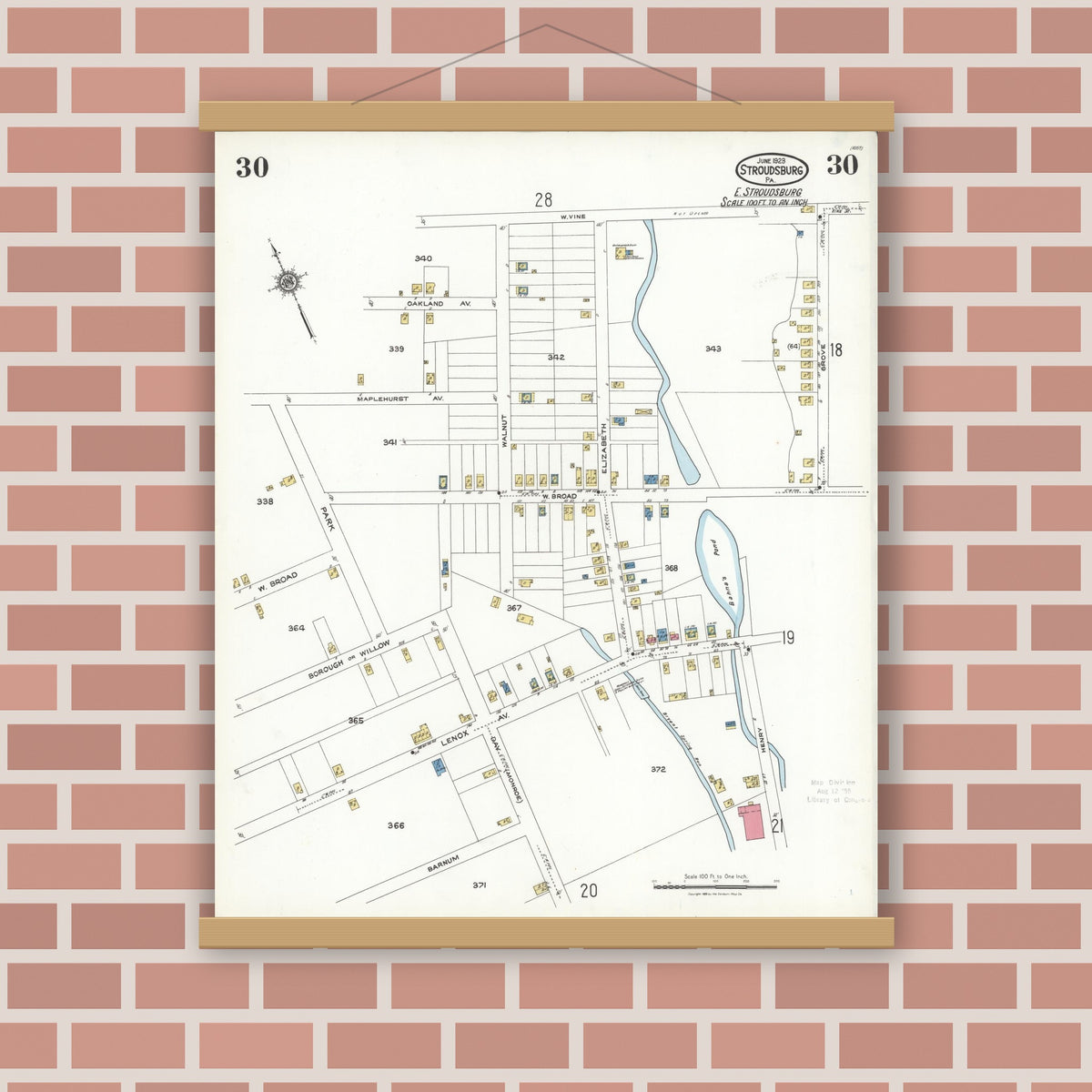 Old map wall art mockup — magnetic wood frame on brick wall — Sanborn Fire Insurance Map from Stroudsburg, Monroe County, Pennsylvania (1923), Sheet #0030