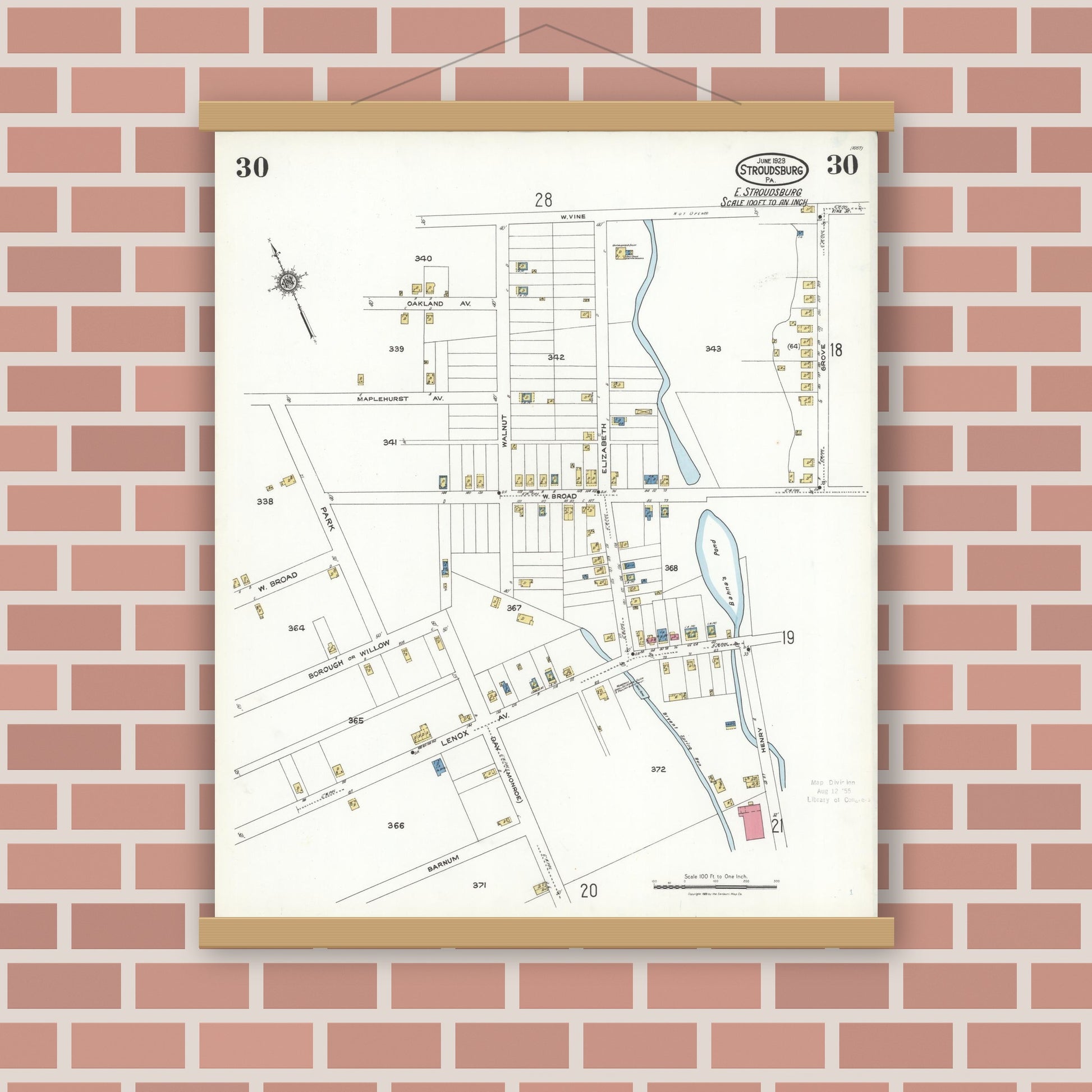 Old map wall art mockup — magnetic wood frame on brick wall — Sanborn Fire Insurance Map from Stroudsburg, Monroe County, Pennsylvania (1923), Sheet #0030