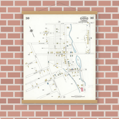 Old map wall art mockup — magnetic wood frame on brick wall — Sanborn Fire Insurance Map from Stroudsburg, Monroe County, Pennsylvania (1923), Sheet #0030