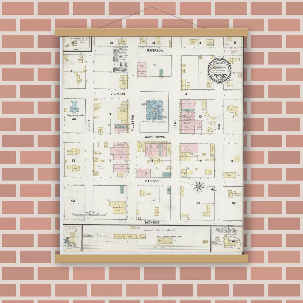 Old map wall art mockup — magnetic wood frame on brick wall — Sanborn Fire Insurance Map from Kaufman, Kaufman County, Texas (1889), Sheet #0001