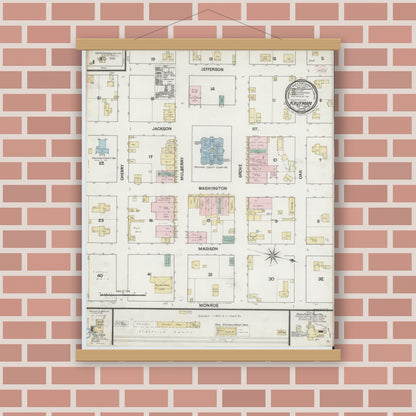 Old map wall art mockup — magnetic wood frame on brick wall — Sanborn Fire Insurance Map from Kaufman, Kaufman County, Texas (1889), Sheet #0001