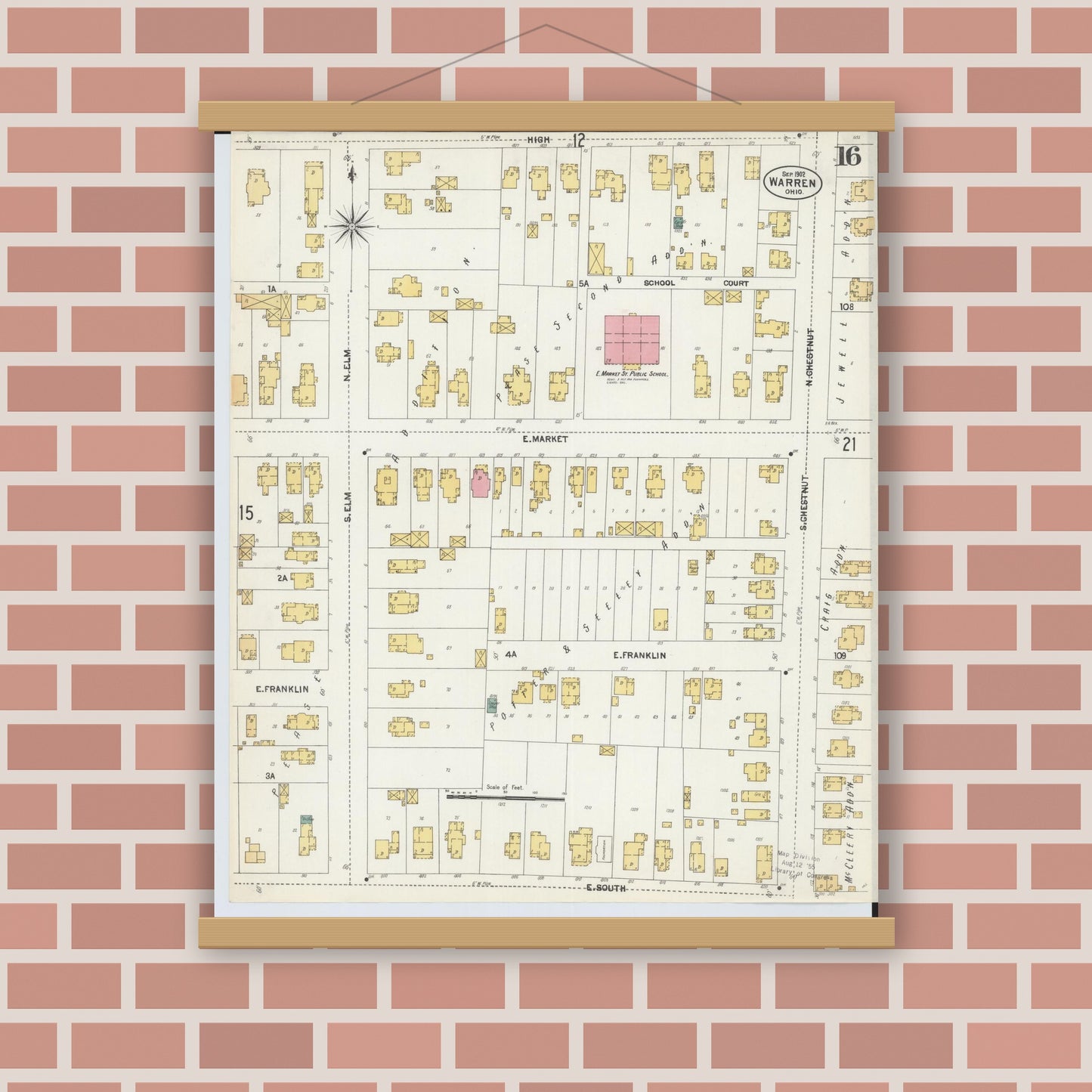 Old map wall art mockup — magnetic wood frame on brick wall — Sanborn Fire Insurance Map from Warren, Trumbull County, Ohio (1902), Sheet #0016