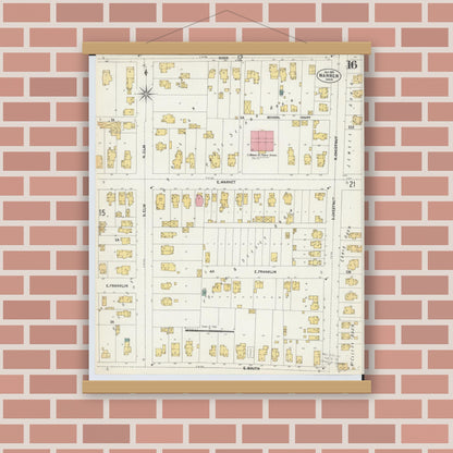 Old map wall art mockup — magnetic wood frame on brick wall — Sanborn Fire Insurance Map from Warren, Trumbull County, Ohio (1902), Sheet #0016