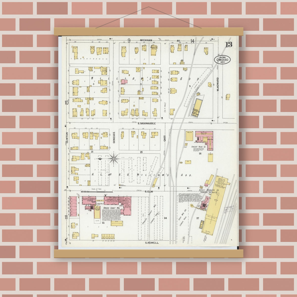 Old map wall art mockup — magnetic wood frame on brick wall — Sanborn Fire Insurance Map from Owosso, Shiawassee County, Michigan (1900), Sheet #0013