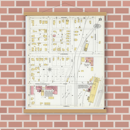 Old map wall art mockup — magnetic wood frame on brick wall — Sanborn Fire Insurance Map from Owosso, Shiawassee County, Michigan (1900), Sheet #0013