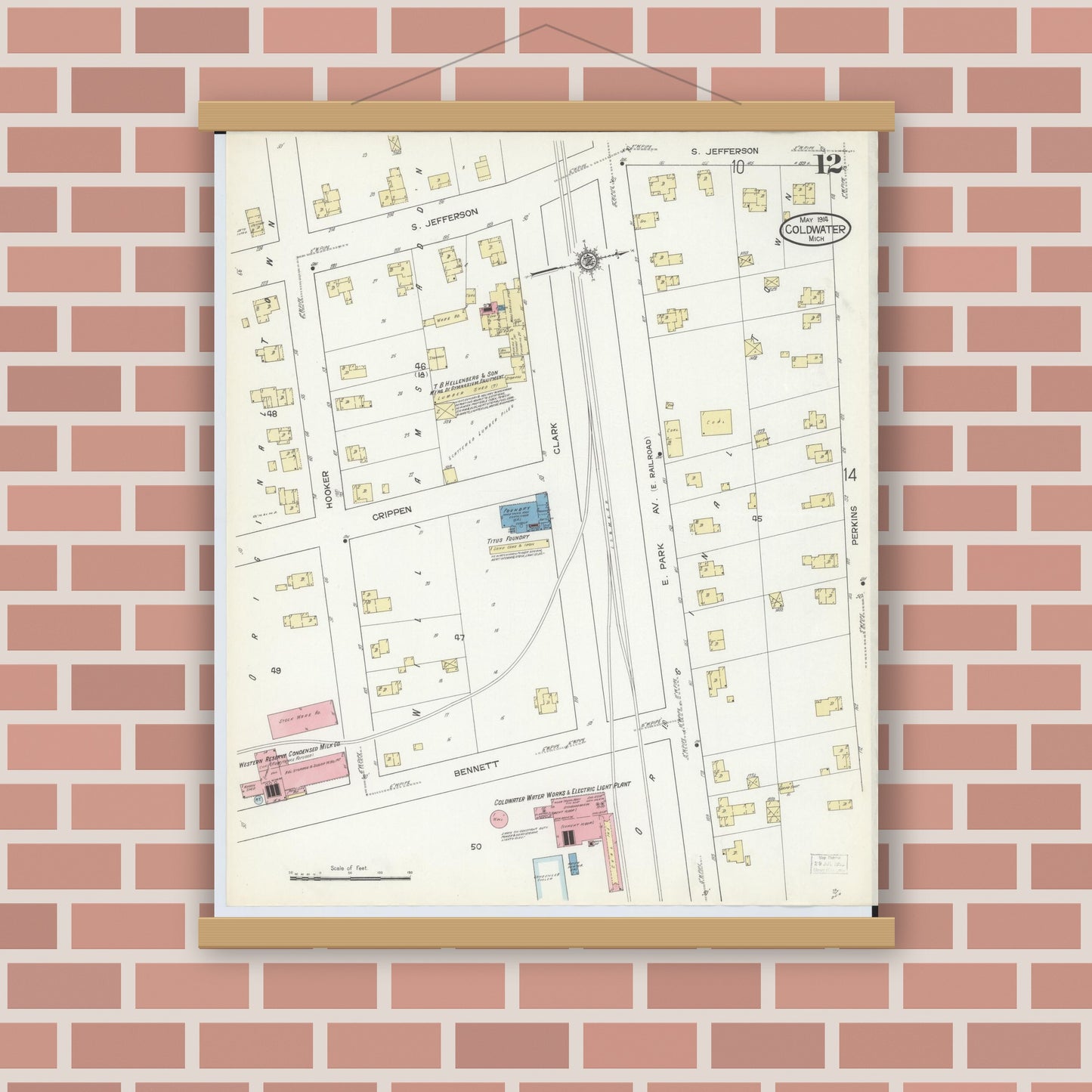 Old map wall art mockup — magnetic wood frame on brick wall — Sanborn Fire Insurance Map from Coldwater, Branch County, Michigan (1914), Sheet #0012