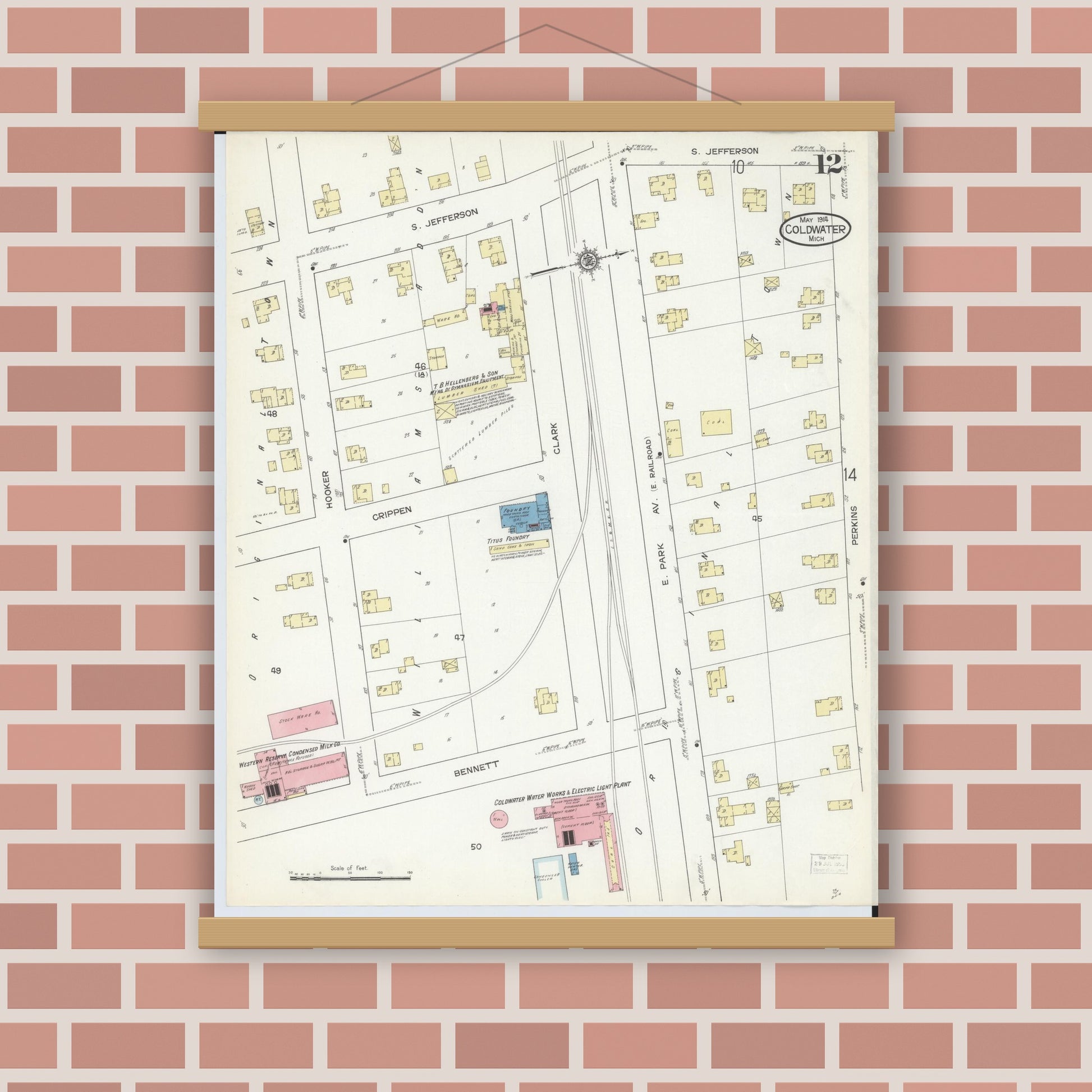 Old map wall art mockup — magnetic wood frame on brick wall — Sanborn Fire Insurance Map from Coldwater, Branch County, Michigan (1914), Sheet #0012