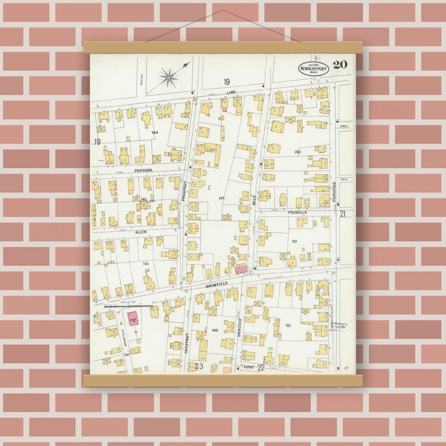 Old map wall art mockup — magnetic wood frame on brick wall — Sanborn Fire Insurance Map from Newburyport, Essex County, Massachusetts (1900), Sheet #0020