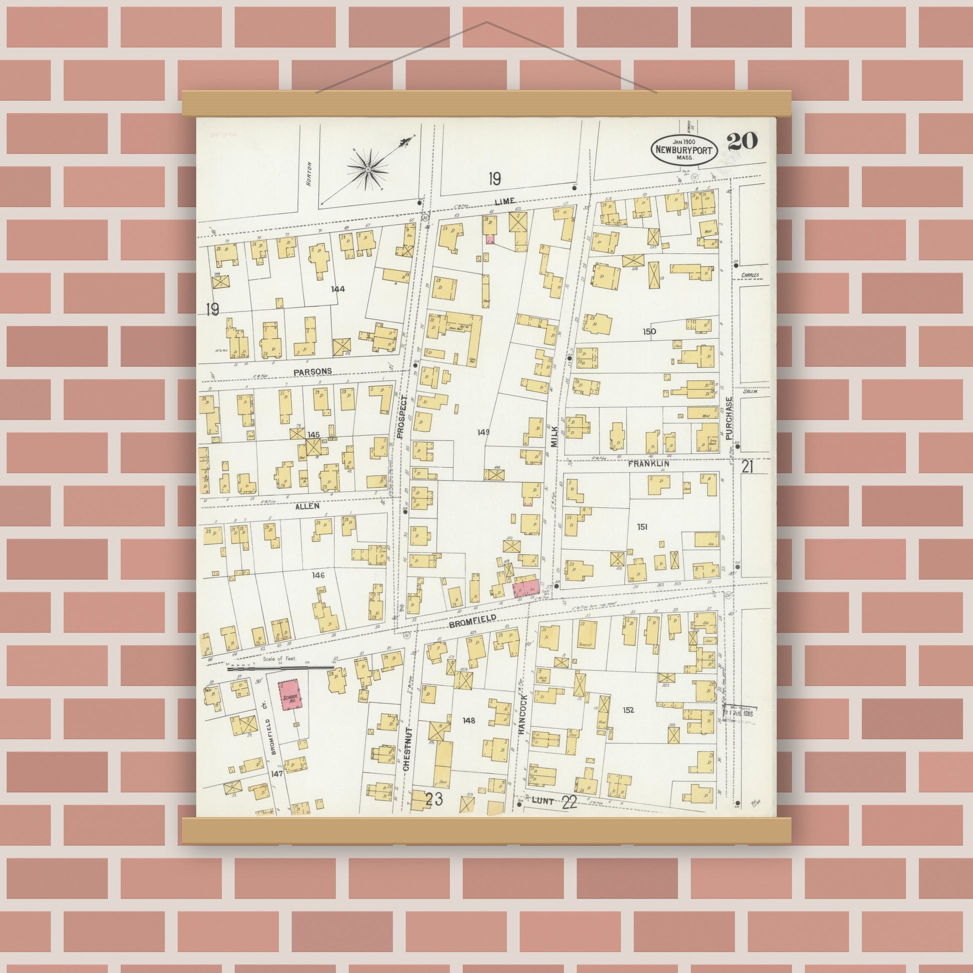 Old map wall art mockup — magnetic wood frame on brick wall — Sanborn Fire Insurance Map from Newburyport, Essex County, Massachusetts (1900), Sheet #0020