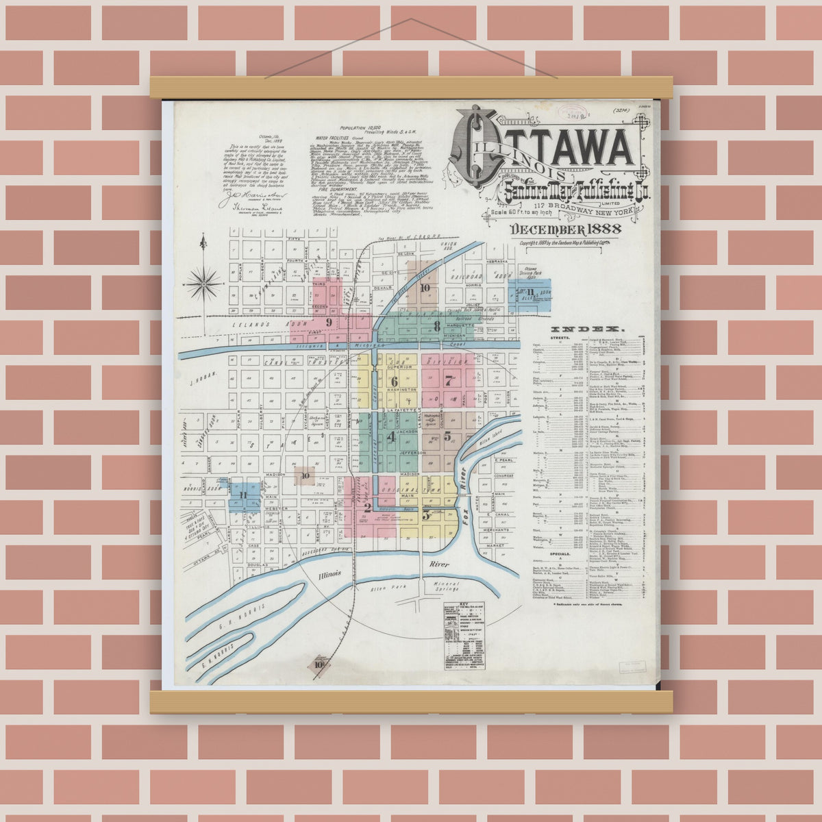 Old map wall art mockup — magnetic wood frame on brick wall — Sanborn Fire Insurance Map from Ottawa, La Salle County, Illinois (1888), Sheet #0001