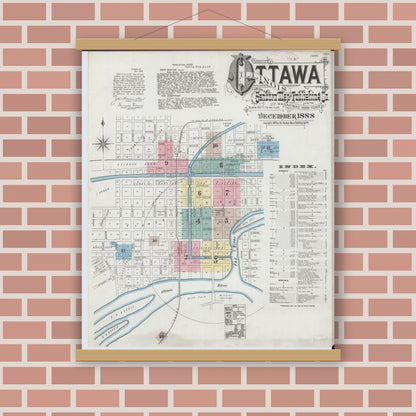 Old map wall art mockup — magnetic wood frame on brick wall — Sanborn Fire Insurance Map from Ottawa, La Salle County, Illinois (1888), Sheet #0001