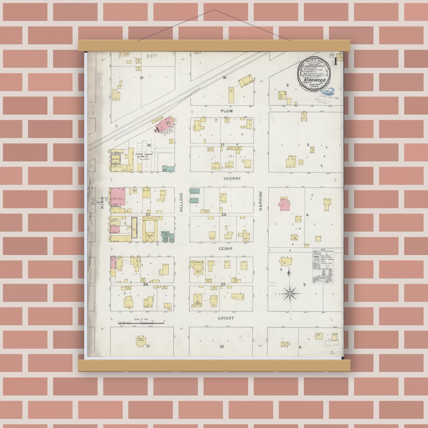 Old map wall art mockup — magnetic wood frame on brick wall — Sanborn Fire Insurance Map from Kirkwood, Warren County, Illinois (1894), Sheet #0001