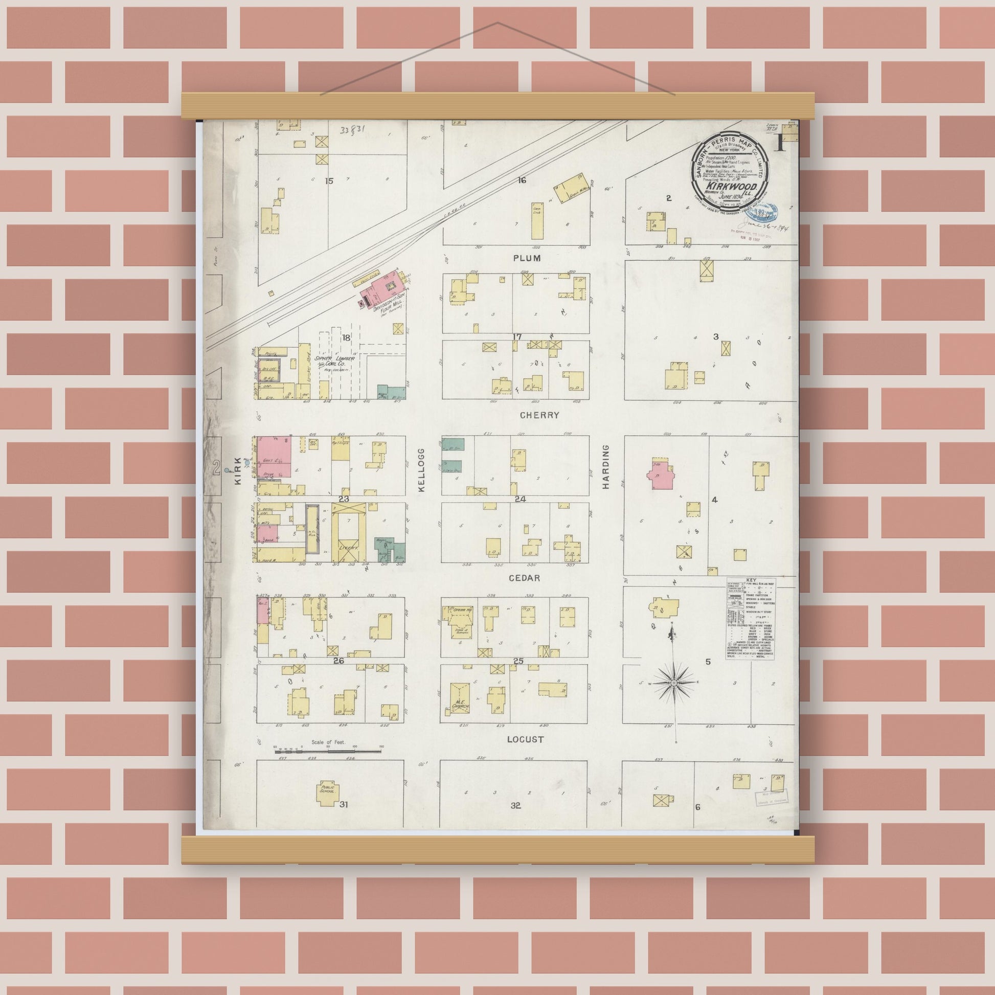 Old map wall art mockup — magnetic wood frame on brick wall — Sanborn Fire Insurance Map from Kirkwood, Warren County, Illinois (1894), Sheet #0001