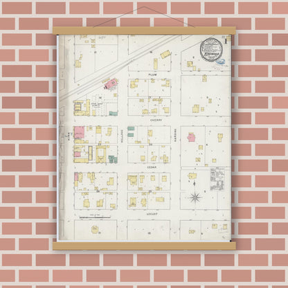 Old map wall art mockup — magnetic wood frame on brick wall — Sanborn Fire Insurance Map from Kirkwood, Warren County, Illinois (1894), Sheet #0001