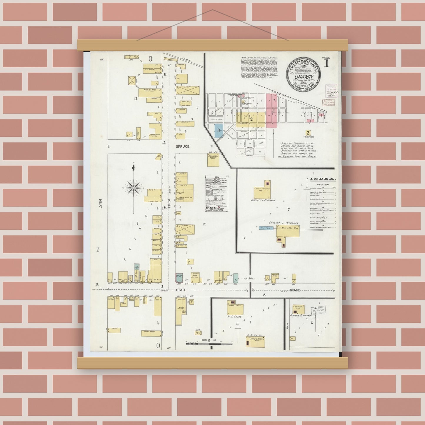 Old map wall art mockup — magnetic wood frame on brick wall — Sanborn Fire Insurance Map from Onaway, Presque Isle County, Michigan (1903) - Complete Map Set