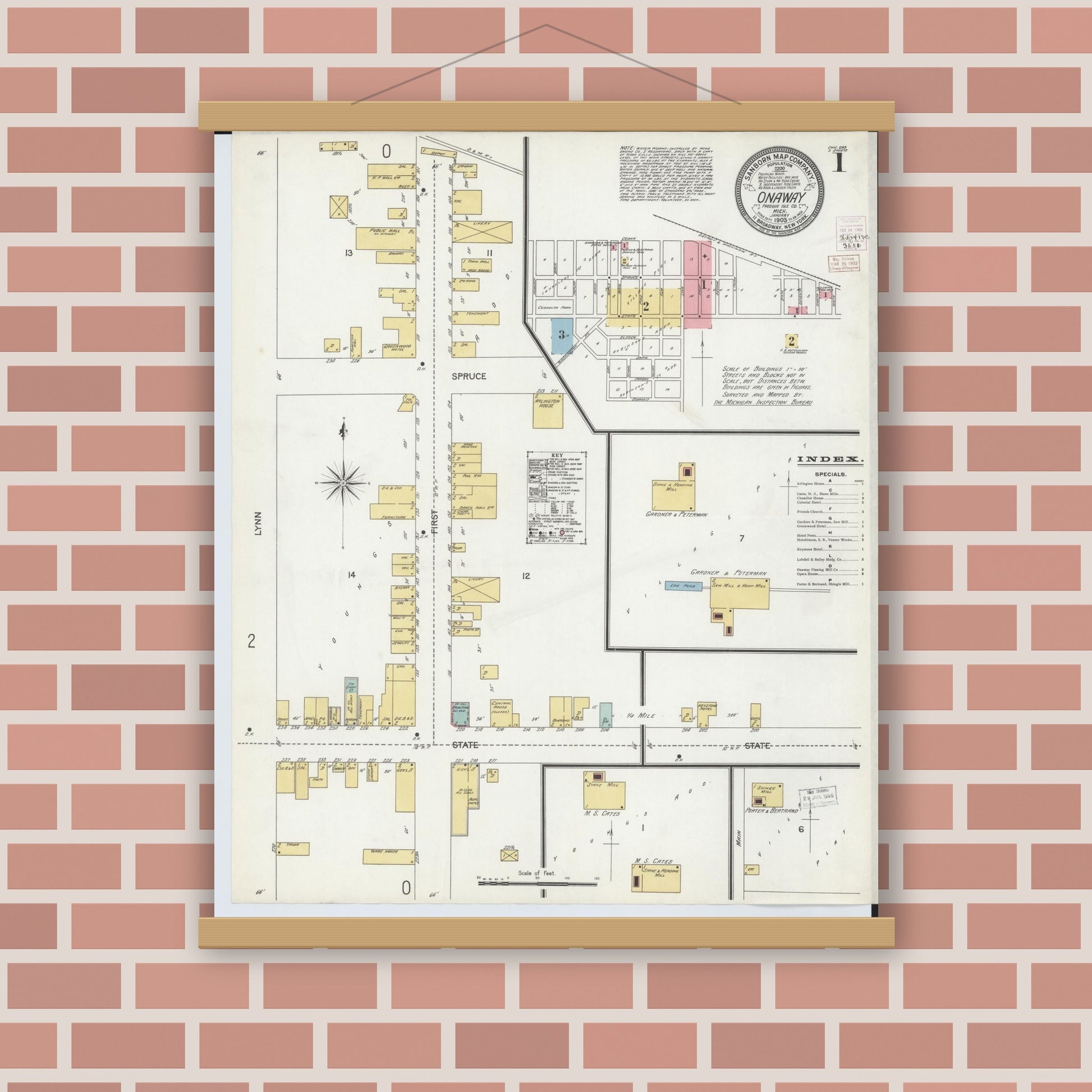Old map wall art mockup — magnetic wood frame on brick wall — Sanborn Fire Insurance Map from Onaway, Presque Isle County, Michigan (1903) - Complete Map Set