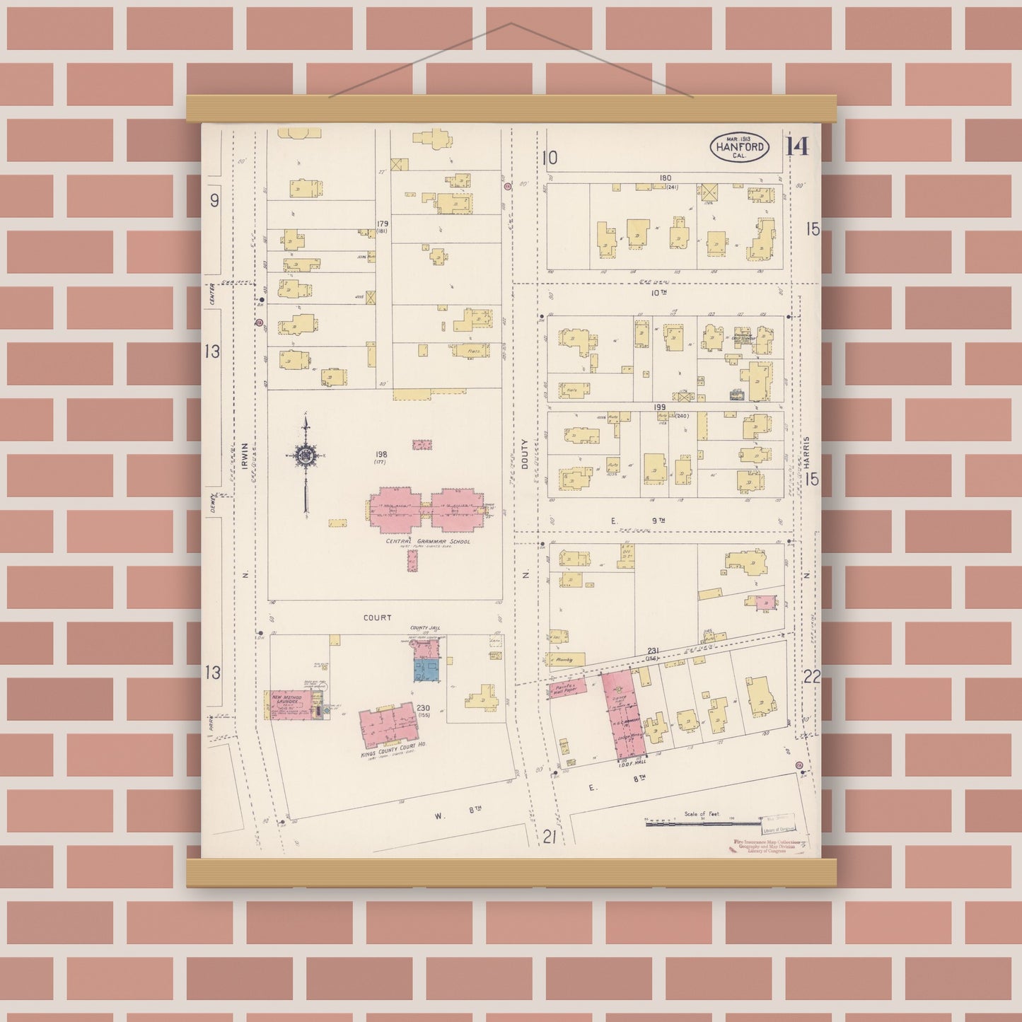 Old map wall art mockup — magnetic wood frame on brick wall — Sanborn Fire Insurance Map from Hanford, Kings County, California (1913), Sheet #0014
