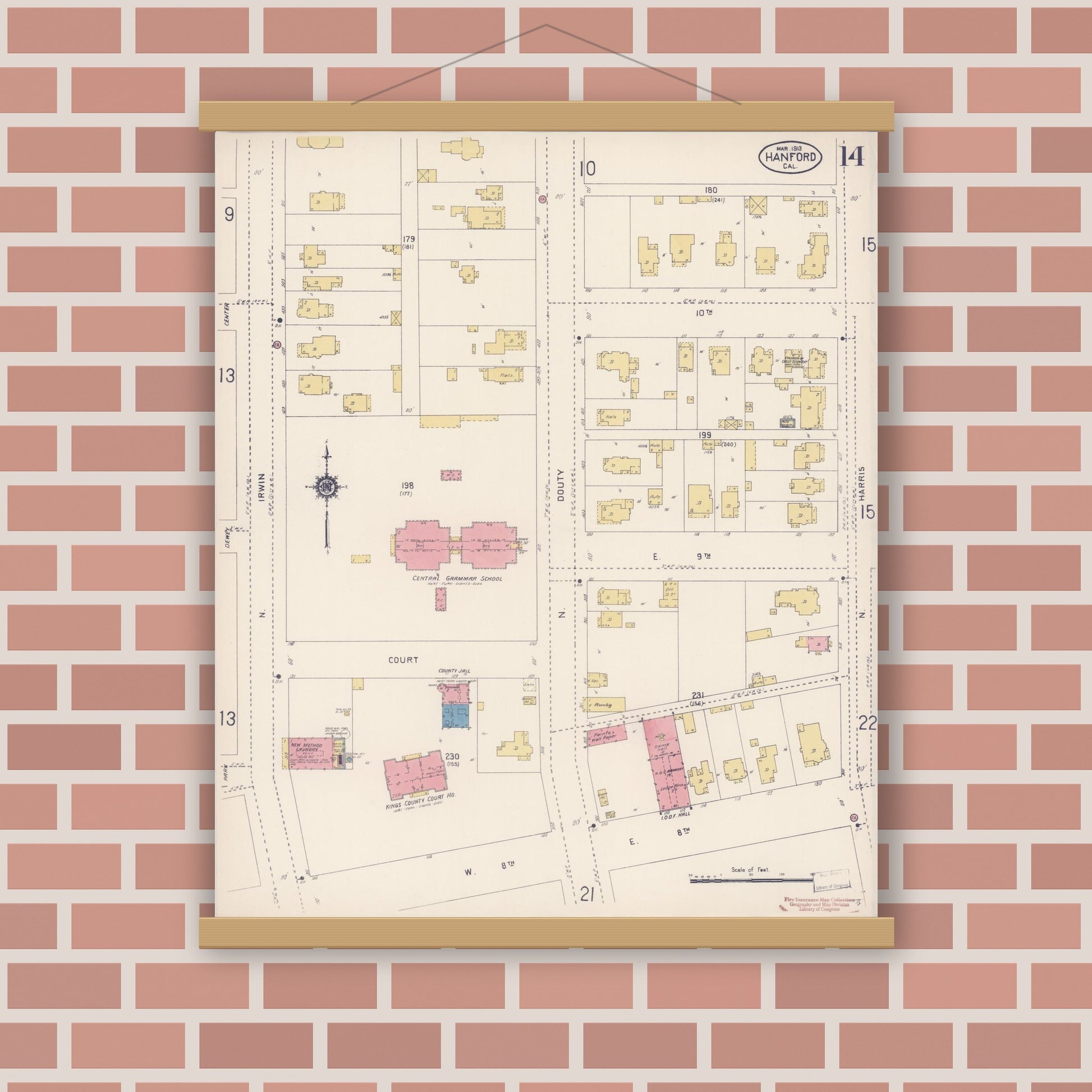 Old map wall art mockup — magnetic wood frame on brick wall — Sanborn Fire Insurance Map from Hanford, Kings County, California (1913), Sheet #0014