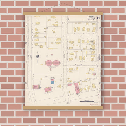 Old map wall art mockup — magnetic wood frame on brick wall — Sanborn Fire Insurance Map from Hanford, Kings County, California (1913), Sheet #0014