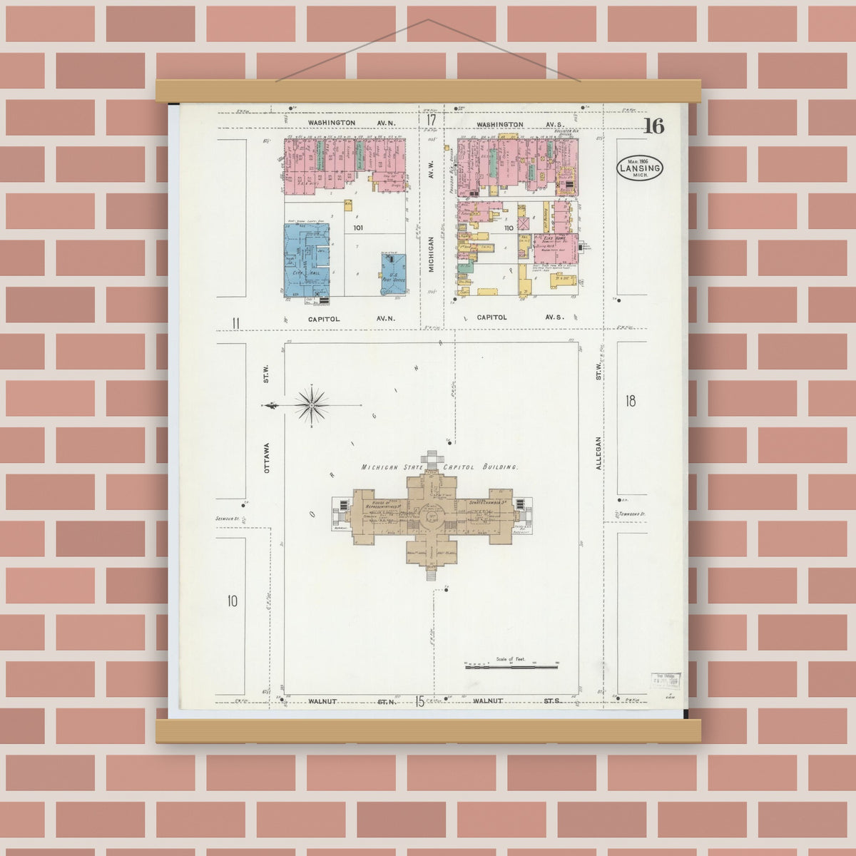 Old map wall art mockup — magnetic wood frame on brick wall — Sanborn Fire Insurance Map from Lansing, Ingham County, Michigan (1906), Sheet #0016