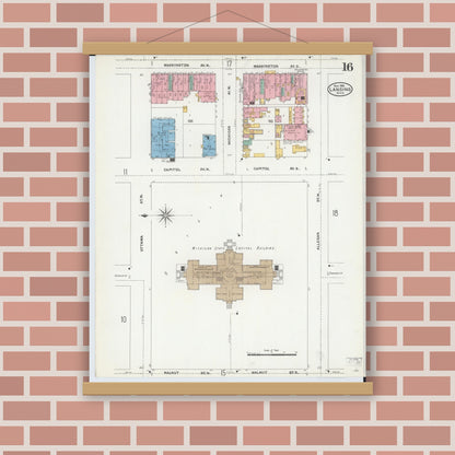 Old map wall art mockup — magnetic wood frame on brick wall — Sanborn Fire Insurance Map from Lansing, Ingham County, Michigan (1906), Sheet #0016