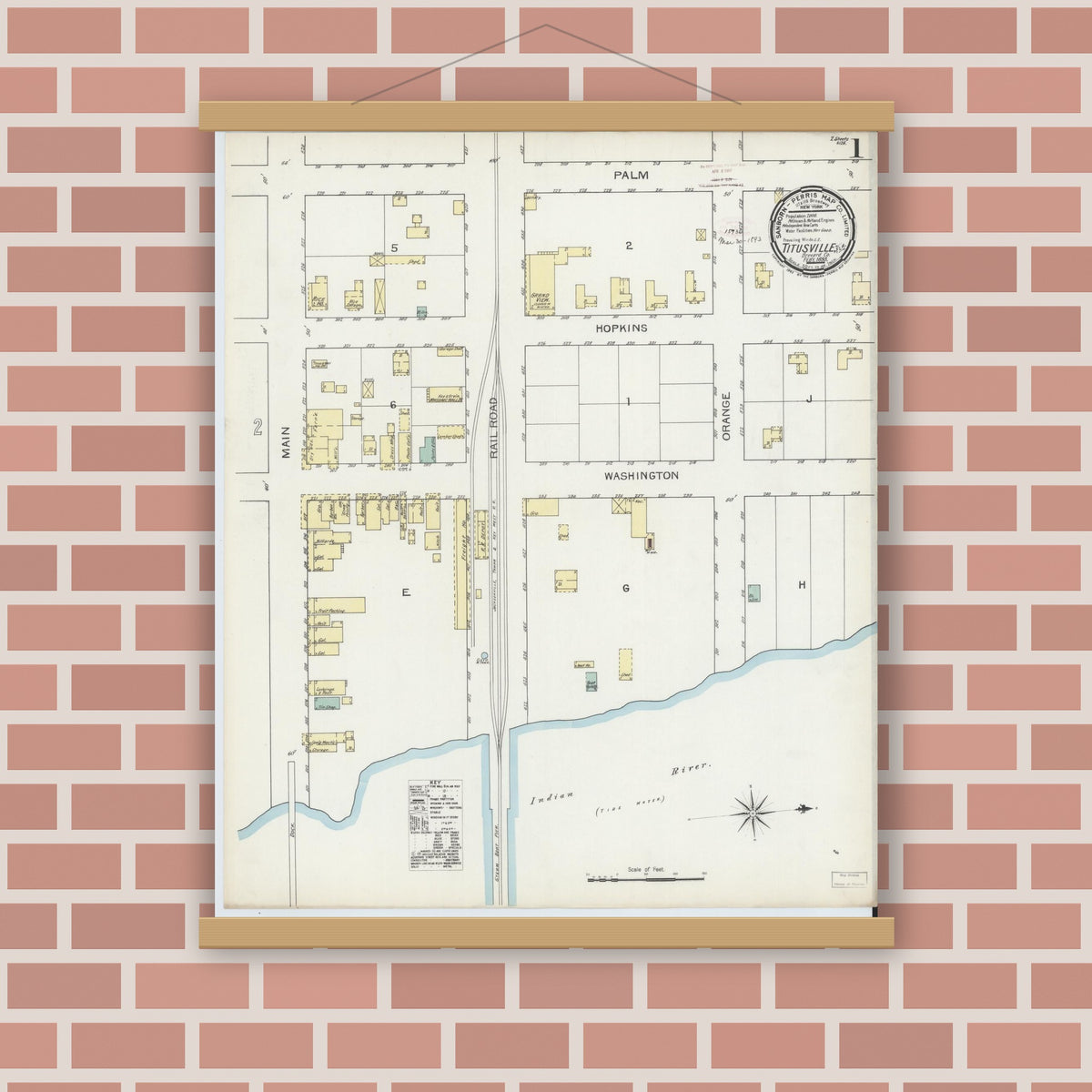 Old map wall art mockup — magnetic wood frame on brick wall — Sanborn Fire Insurance Map from Titusville, Brevard County, Florida (1893) - Complete Map Set