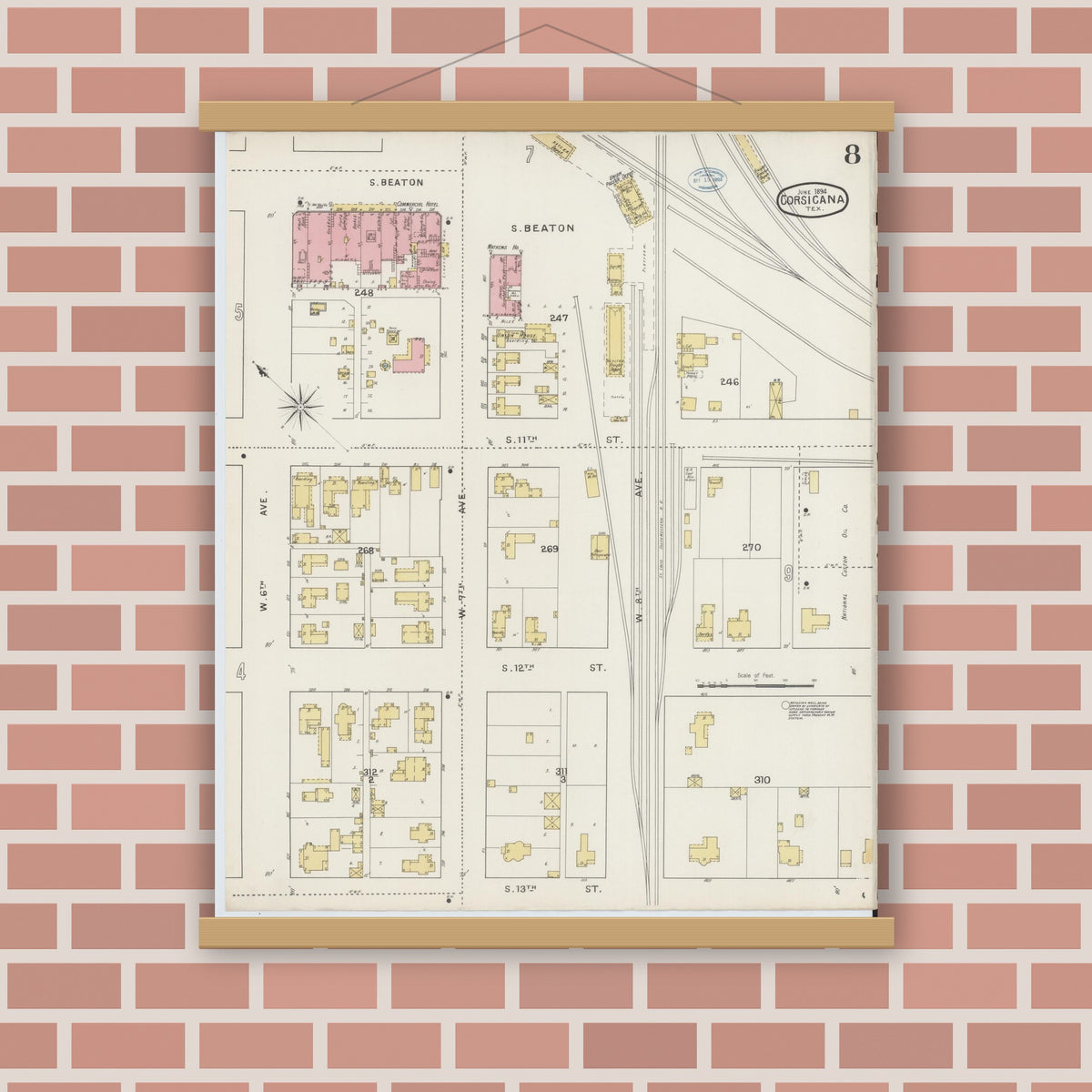 Old map wall art mockup — magnetic wood frame on brick wall — Sanborn Fire Insurance Map from Corsicana, Navarro County, Texas (1894), Sheet #0008