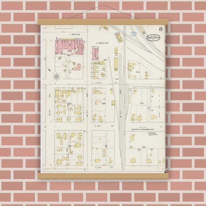 Old map wall art mockup — magnetic wood frame on brick wall — Sanborn Fire Insurance Map from Corsicana, Navarro County, Texas (1894), Sheet #0008
