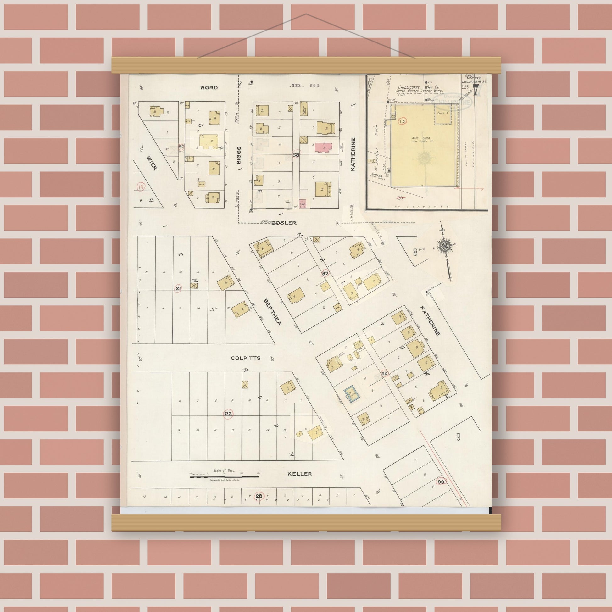 Old map wall art mockup — magnetic wood frame on brick wall — Sanborn Fire Insurance Map from Chillicothe, Hardeman County, Texas (1941), Sheet #0007