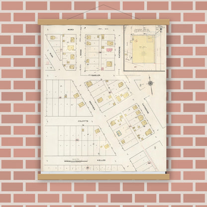 Old map wall art mockup — magnetic wood frame on brick wall — Sanborn Fire Insurance Map from Chillicothe, Hardeman County, Texas (1941), Sheet #0007