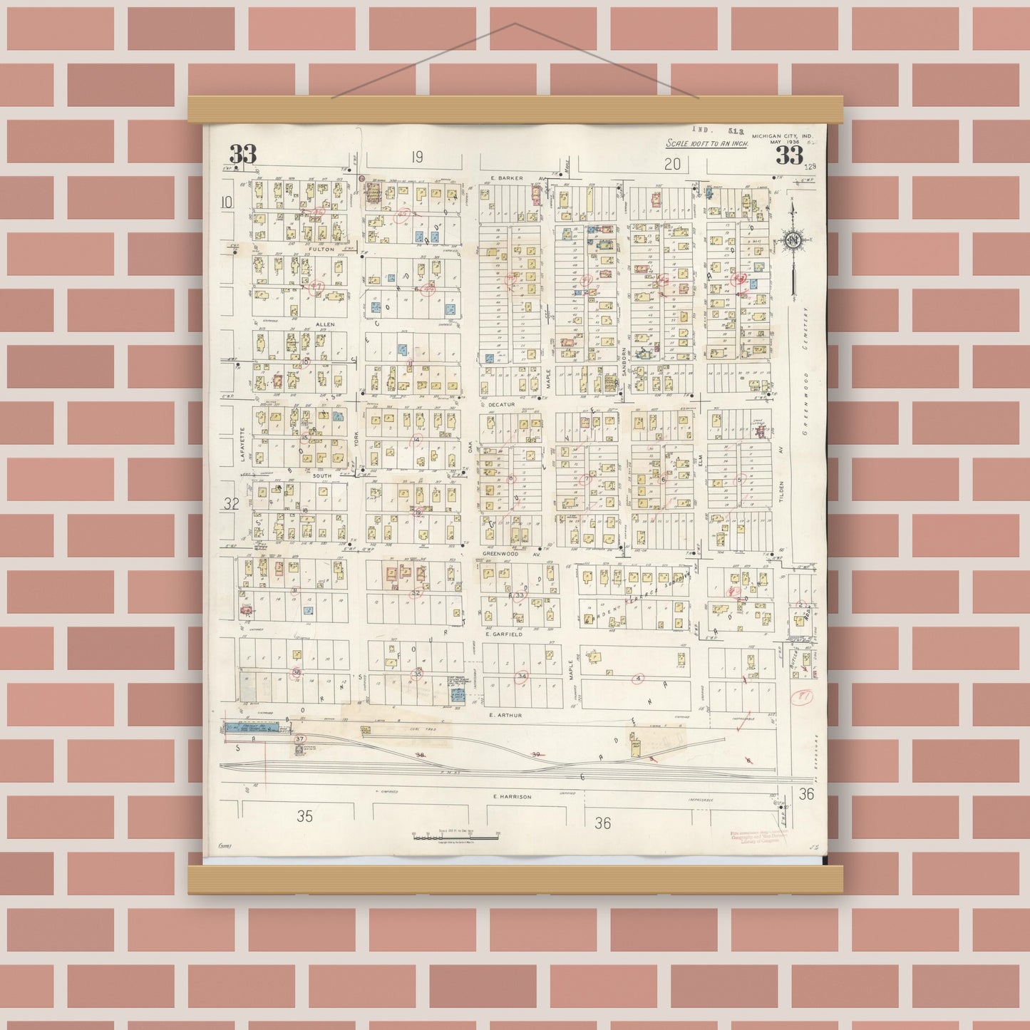 Old map wall art mockup — magnetic wood frame on brick wall — Sanborn Fire Insurance Map from Michigan City, La Porte County, Indiana (1948), Sheet #0033