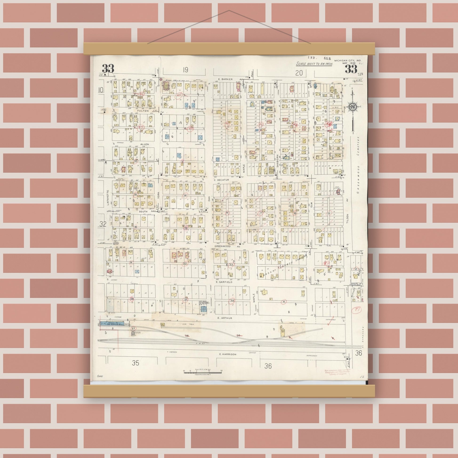 Old map wall art mockup — magnetic wood frame on brick wall — Sanborn Fire Insurance Map from Michigan City, La Porte County, Indiana (1948), Sheet #0033