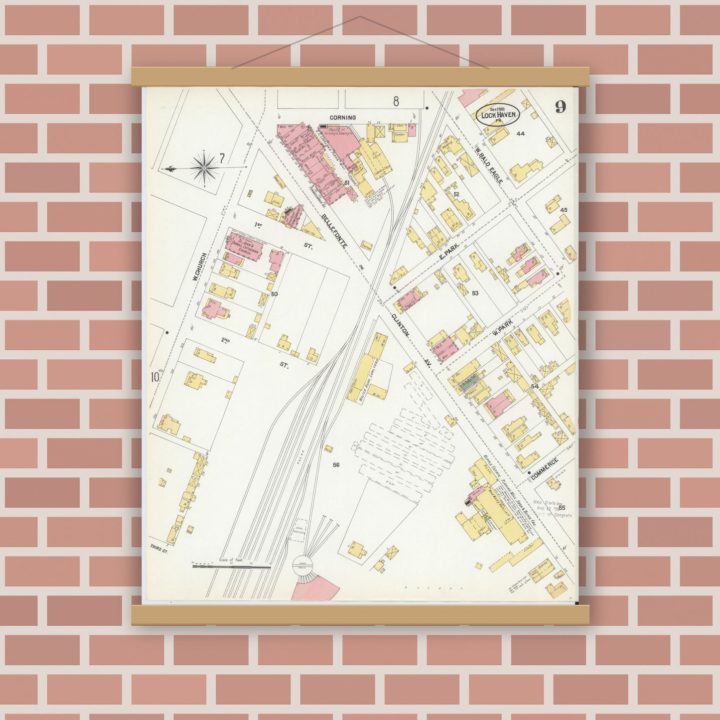 Old map wall art mockup — magnetic wood frame on brick wall — Sanborn Fire Insurance Map from Lock Haven, Clinton County, Pennsylvania (1901), Sheet #0009