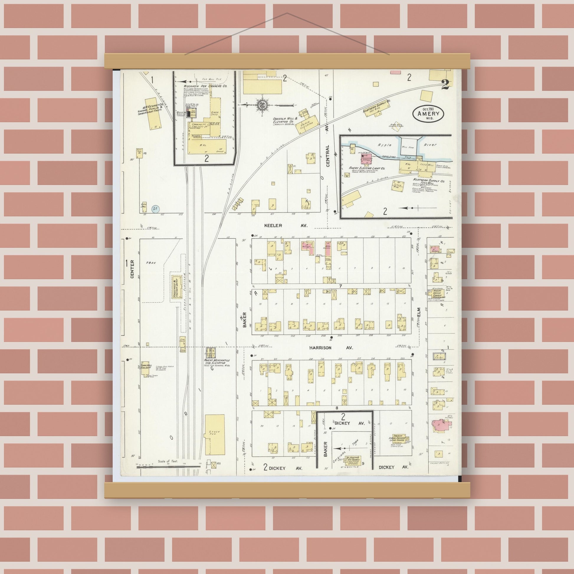 Old map wall art mockup — magnetic wood frame on brick wall — Sanborn Fire Insurance Map from Amery, Polk County, Wisconsin (1911) - Complete Map Set