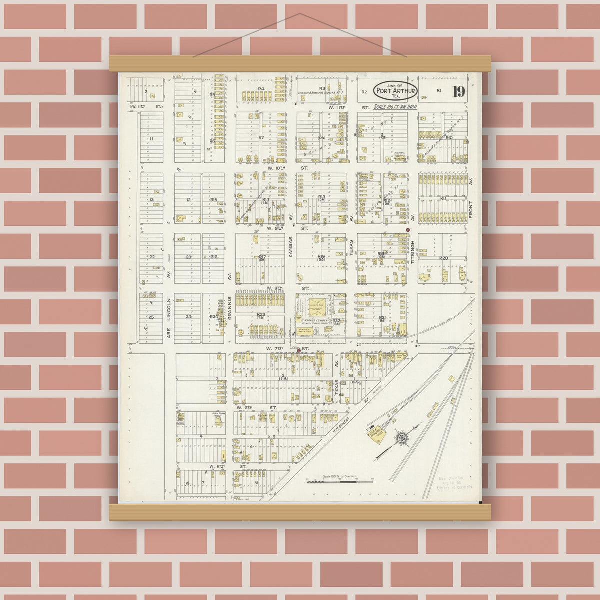 Old map wall art mockup — magnetic wood frame on brick wall — Sanborn Fire Insurance Map from Port Arthur, Jefferson County, Texas (1915), Sheet #0019