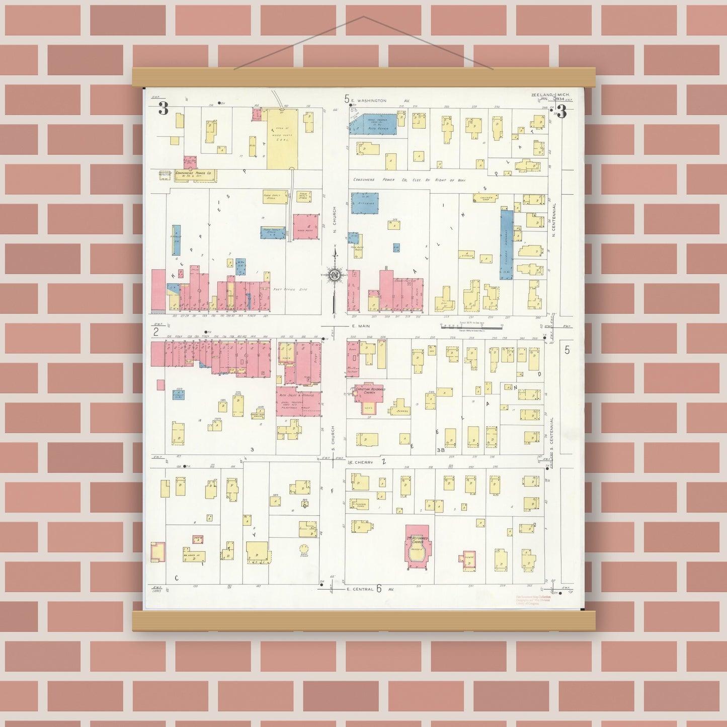 Old map wall art mockup — magnetic wood frame on brick wall — Sanborn Fire Insurance Map from Zeeland, Ottawa County, Michigan (1934), Sheet #0003