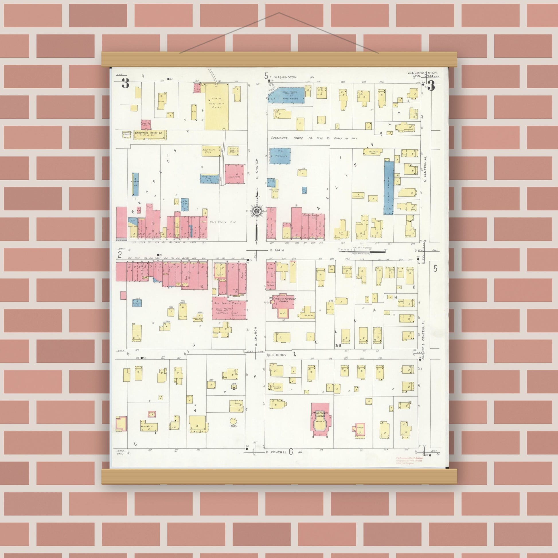 Old map wall art mockup — magnetic wood frame on brick wall — Sanborn Fire Insurance Map from Zeeland, Ottawa County, Michigan (1934), Sheet #0003