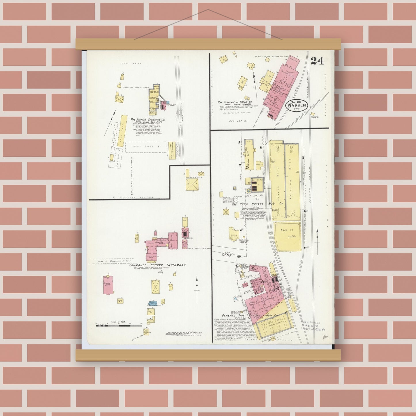 Old map wall art mockup — magnetic wood frame on brick wall — Sanborn Fire Insurance Map from Warren, Trumbull County, Ohio (1908), Sheet #0024