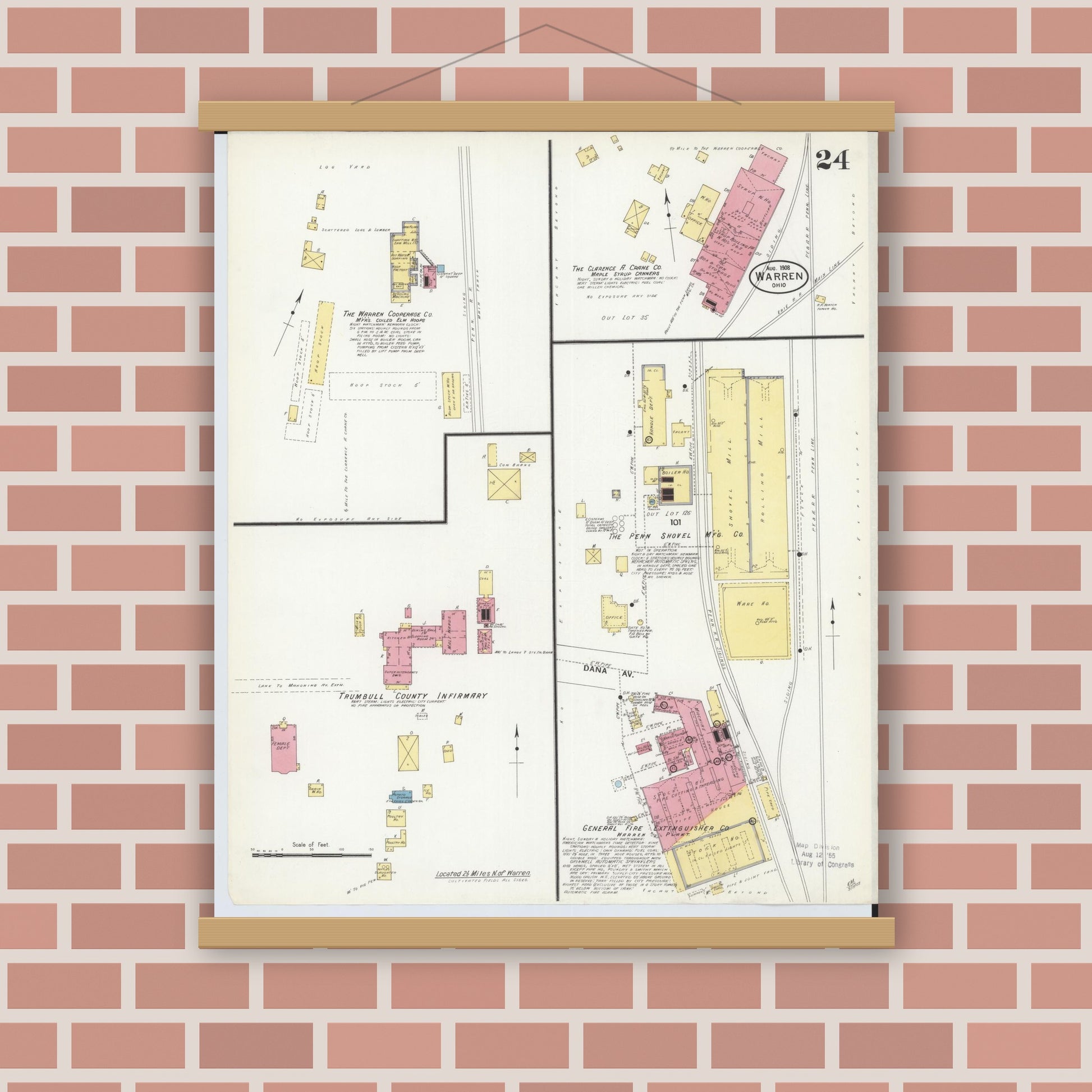 Old map wall art mockup — magnetic wood frame on brick wall — Sanborn Fire Insurance Map from Warren, Trumbull County, Ohio (1908), Sheet #0024