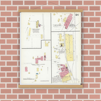 Old map wall art mockup — magnetic wood frame on brick wall — Sanborn Fire Insurance Map from Warren, Trumbull County, Ohio (1908), Sheet #0024