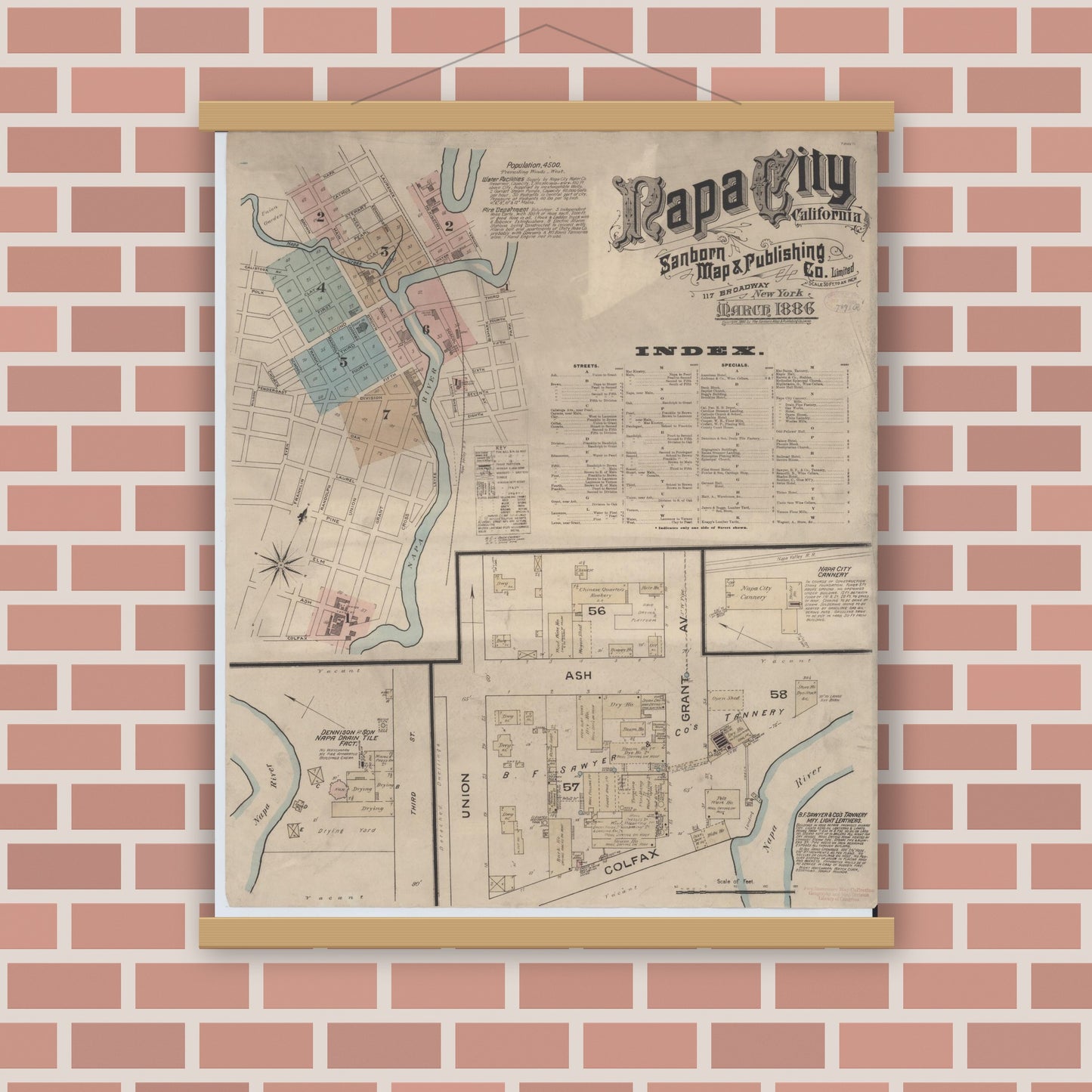 Old map wall art mockup — magnetic wood frame on brick wall — Sanborn Fire Insurance Map from Napa, Napa County, California (1886) - Complete Map Set