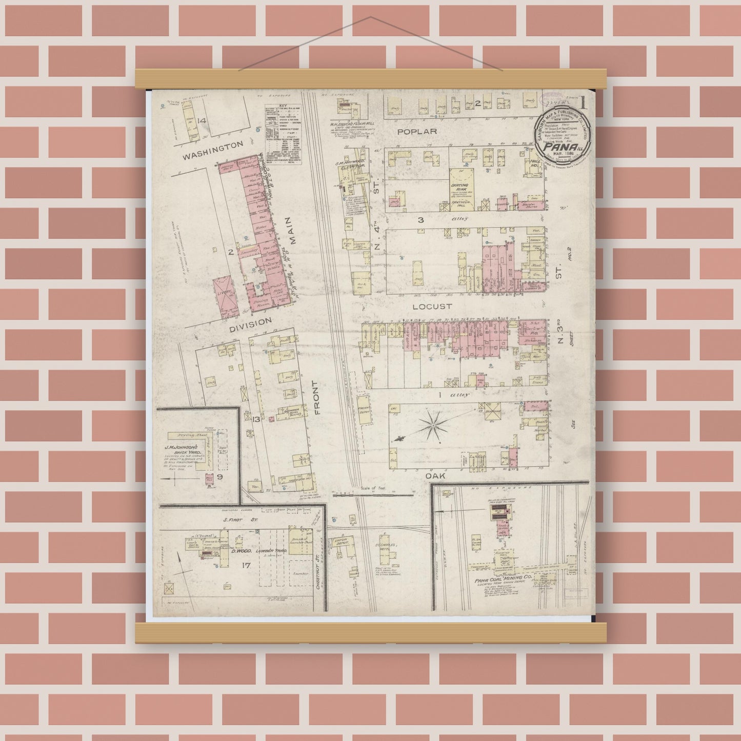 Old map wall art mockup — magnetic wood frame on brick wall — Sanborn Fire Insurance Map from Pana, Christian County, Illinois (1886) - Complete Map Set