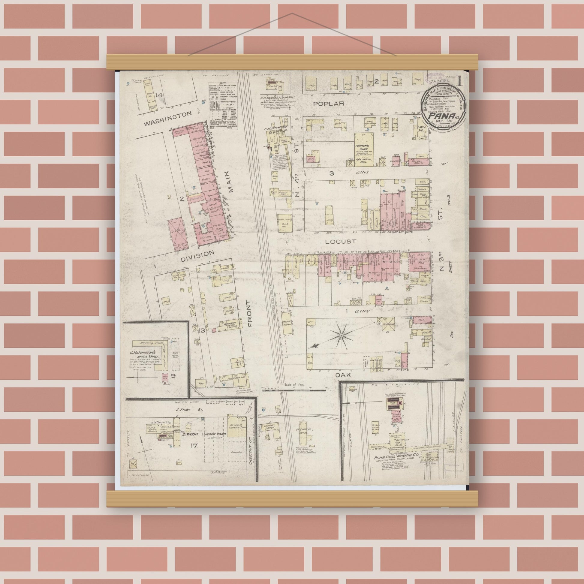 Old map wall art mockup — magnetic wood frame on brick wall — Sanborn Fire Insurance Map from Pana, Christian County, Illinois (1886) - Complete Map Set
