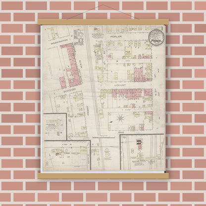 Old map wall art mockup — magnetic wood frame on brick wall — Sanborn Fire Insurance Map from Pana, Christian County, Illinois (1886) - Complete Map Set