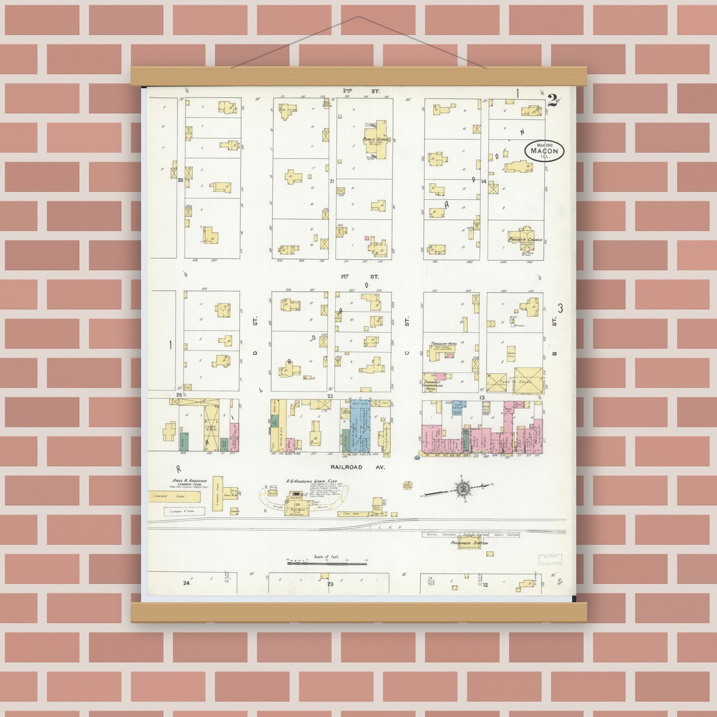 Old map wall art mockup — magnetic wood frame on brick wall — Sanborn Fire Insurance Map from Macon, Macon County, Illinois (1910), Sheet #0002