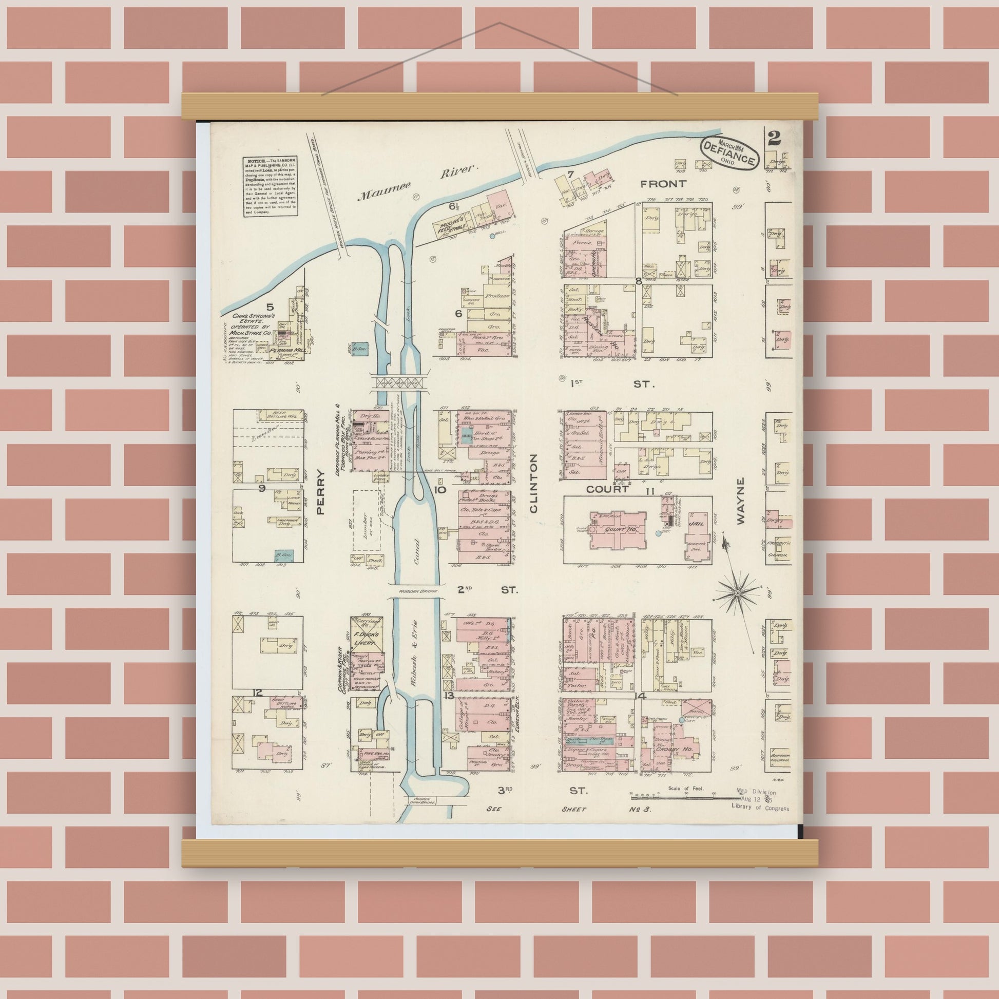 Old map wall art mockup — magnetic wood frame on brick wall — Sanborn Fire Insurance Map from Defiance, Defiance County, Ohio (1884), Sheet #0002