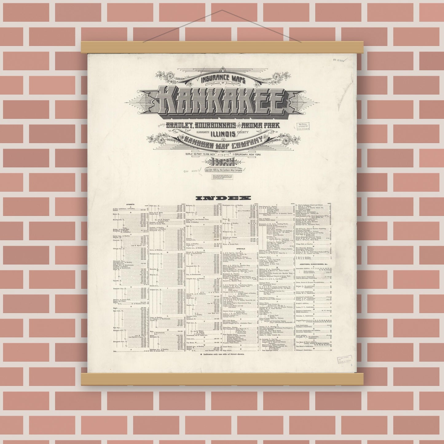 Old map wall art mockup — magnetic wood frame on brick wall — Sanborn Fire Insurance Map from Kankakee, Kankakee County, Illinois (1925), Sheet #0001
