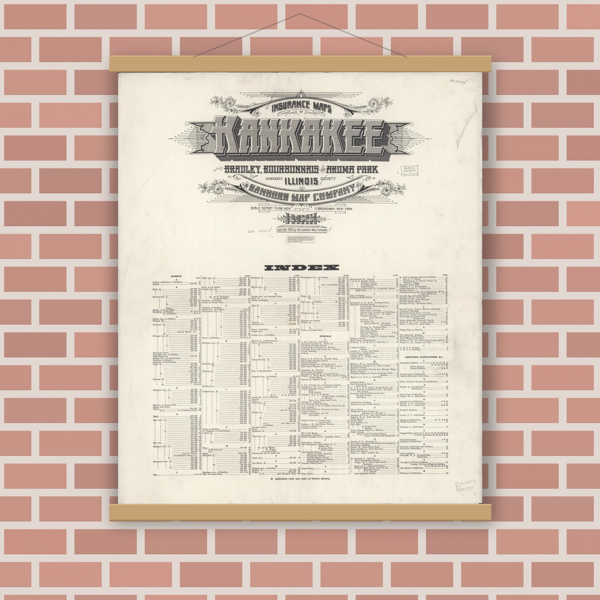 Old map wall art mockup — magnetic wood frame on brick wall — Sanborn Fire Insurance Map from Kankakee, Kankakee County, Illinois (1925), Sheet #0001