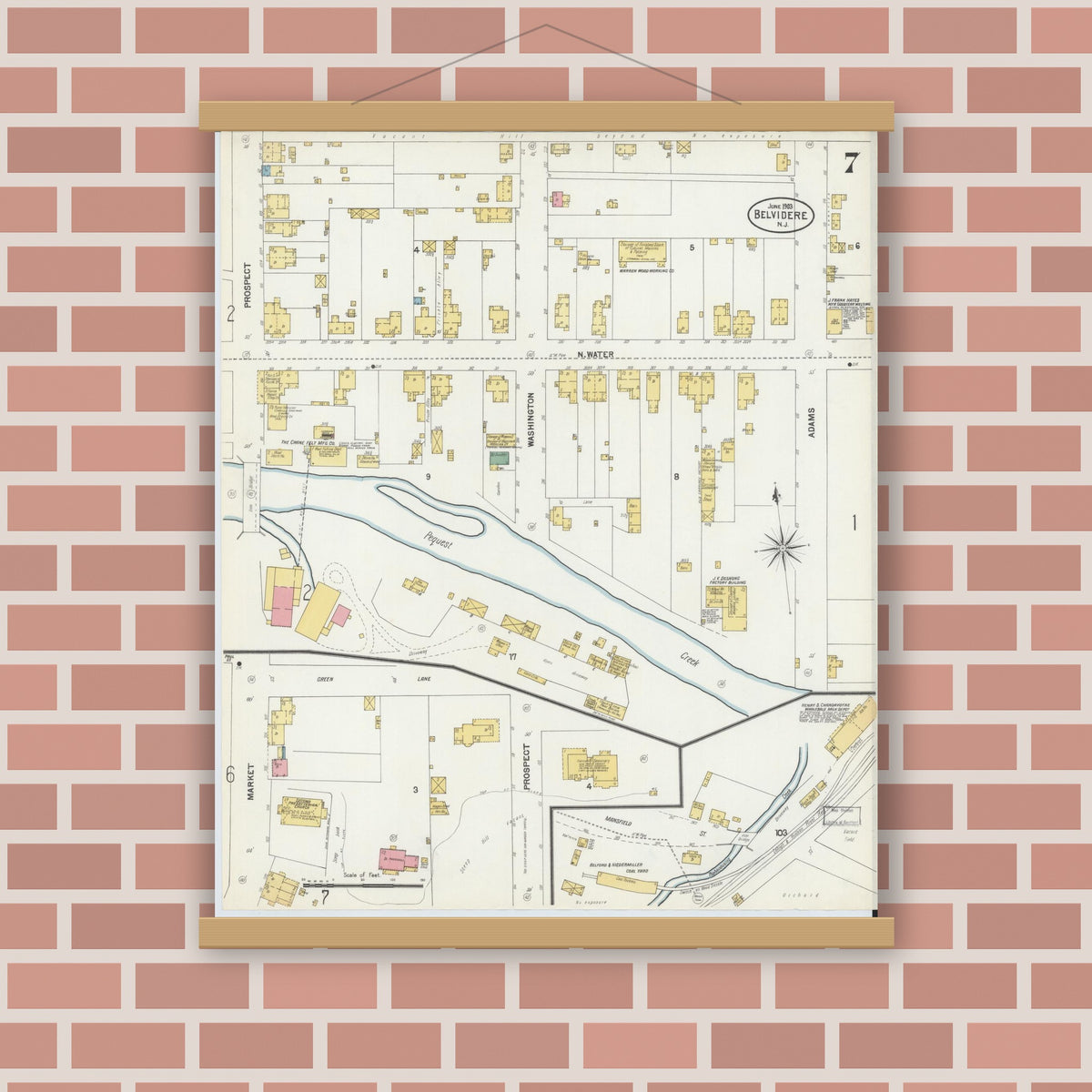 Old map wall art mockup — magnetic wood frame on brick wall — Sanborn Fire Insurance Map from Belvidere, Warren County, New Jersey (1903), Sheet #0007